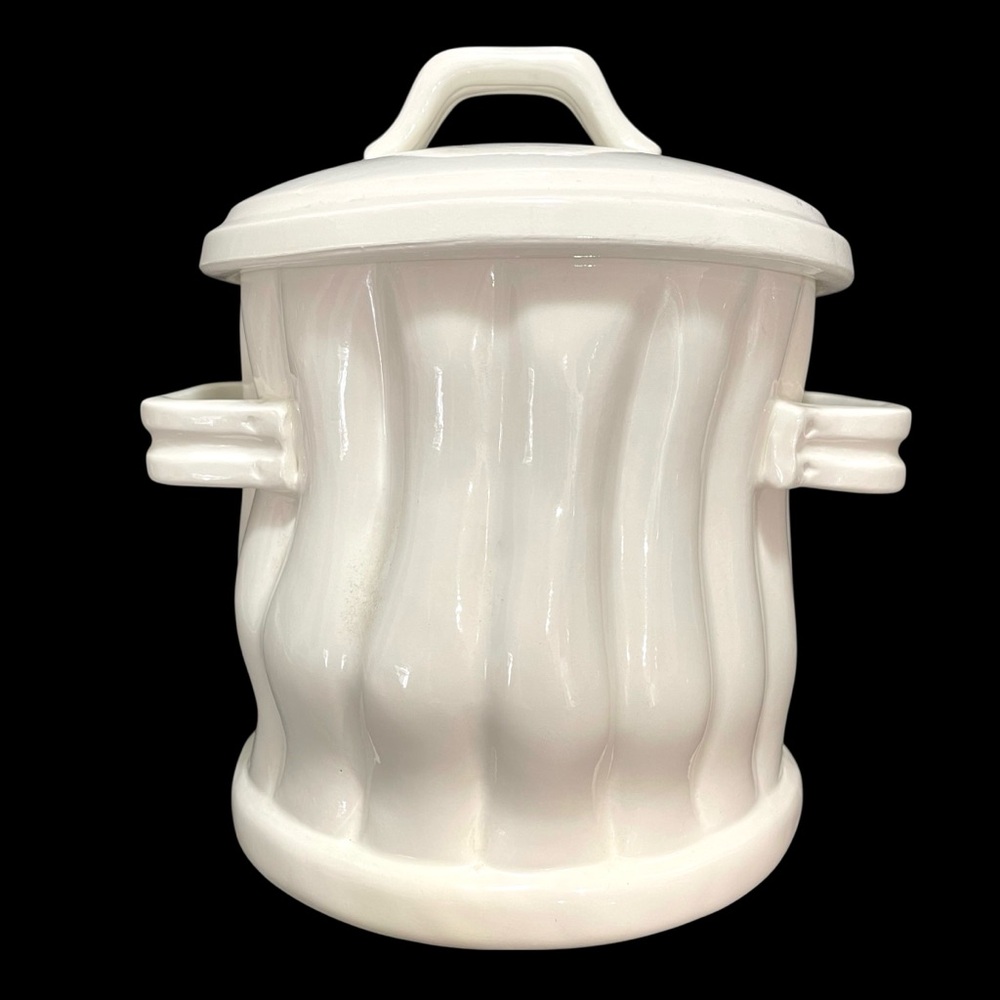 Vintage 1980s White Ceramic Garbage Can Cookie Jar - Signed Pottery Art